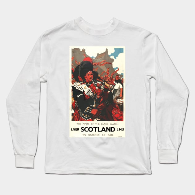 The Pipers of the Black Watch, Scotland - Vintage Travel Poster Design Long Sleeve T-Shirt by Naves